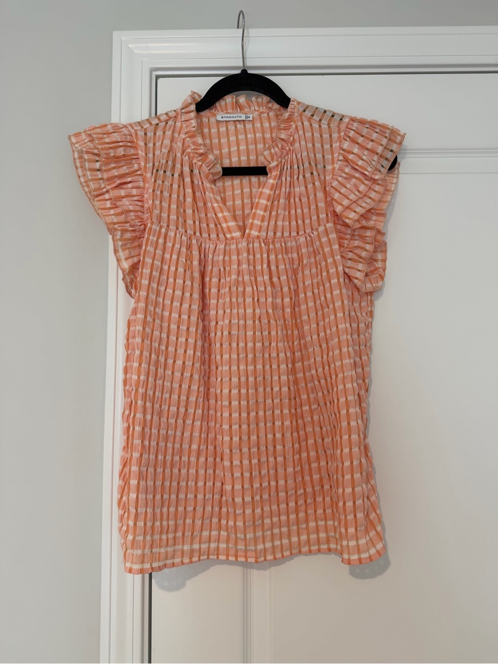 Peach Gingham Flutter-Sleeve Top